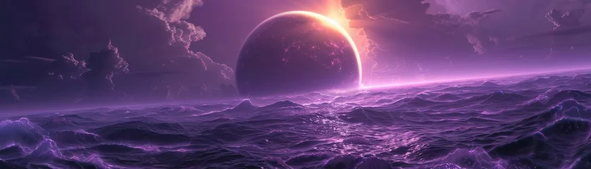 Papier Peint photo Lavable Tailler blackened purple glowing sun hanging over a turbulent alien sea