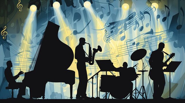 Artistic vector illustration of a jazz band performing on stage