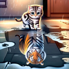 Little kitten seeing in the reflection of a puddle of a big tiger.