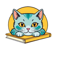 Smart Kitty Relaxing on Pile of Colorful Books, Cute Feline Illustration for Bookworms, Generative AI