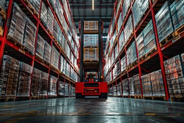 Forklift operator in red uniform and helmet at work in warehouse  - obrazy, fototapety, plakaty