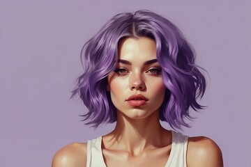 Fashion Model Portrait with Stylish purple Hair on Lilac Background