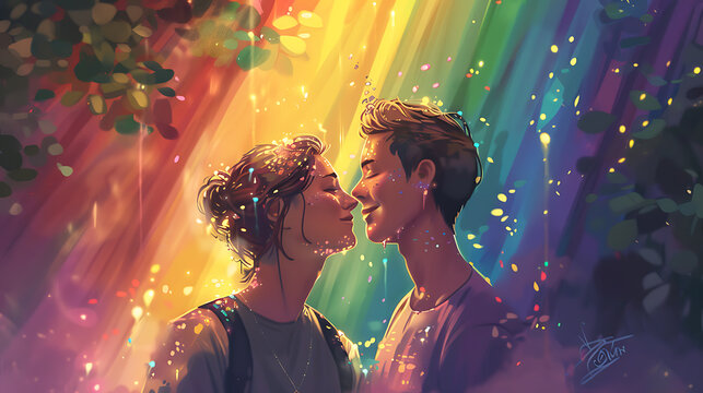 Portrait of a young couple in love. Multicolored background.  LGBT