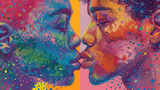Portrait of two men kissing with double exposure on multi-coloured background.  LGBT