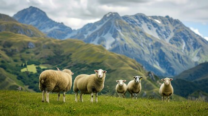 Obraz premium sheep grazing peacefully on lush green grass amidst the majestic mountains of New Zealand's North Island.