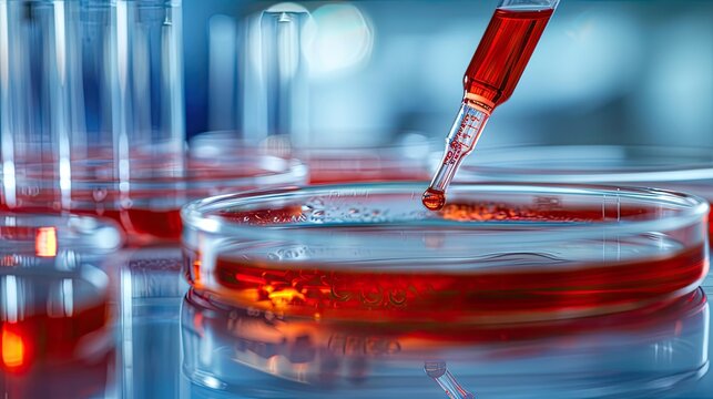 A close-up of laboratory equipment with a pipette and blood sample in a petri dish, symbolizing medical research and treatment for hemophilia