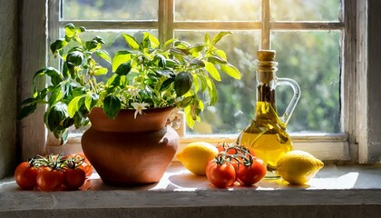 Fenêtre avec pot de terre, tomates, fleurs coupées, basilic, huile d'olive, citrons