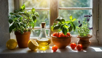 Fotobehang Fenêtre avec pot de terre, tomates, fleurs coupées, basilic, huile d'olive, citrons © stéphane huvé