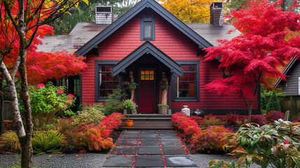 A cottage craftsman house in a bold, ruby red, with a slate walkway bordered by fiery red and orange maples, creating a dramatic entrance. - obrazy, fototapety, plakaty