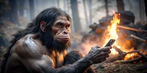 prehistoric man with a modern smartphone in his hands, Neanderthal against the backdrop of a bonfire