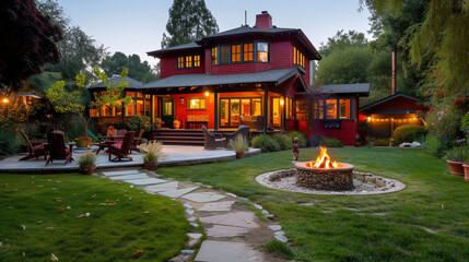 A craftsman style house in a radiant ruby red, with a backyard featuring a luxurious outdoor...