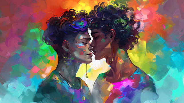 Double exposure of men in love. Coloured background, LGBT, 