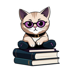 Smart Kitty Relaxing on Pile of Colorful Books, Cute Feline Illustration for Bookworms, Generative AI