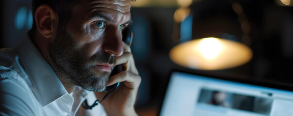 Portrait of seriously focused man talking on phone in dark office late at night. Stressed employee working overtime. Business executive feeling tired for overload job. Deadlines, remote work concept.