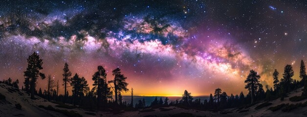 the Milky Way galaxy soaring above the silhouette of pine trees, merging the celestial and terrestrial realms into a single breathtaking panorama.
