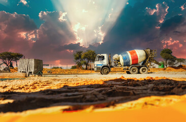 cement mixer truck, african construction site at sunset, new developments