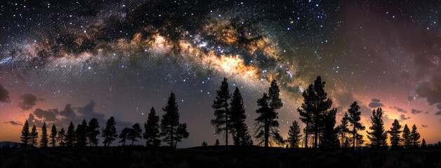 Naklejka premium the Milky Way galaxy soaring above the silhouette of pine trees, merging the celestial and terrestrial realms into a single breathtaking panorama.