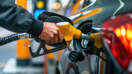 Hand Man Refill and filling Oil Gas Fuel at station. Gas station - refueling. To fill the machine with fuel. Car fill with gasoline at a gas station. Gas station pump. Generative AI