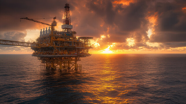 A serene sunrise paints the sky over the vast sea, casting a warm glow on an offshore oil rig, symbolizing hope and the start of a new day