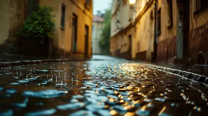 Fototapete Rund A picturesque alley in the rain, with cobblestones shiny with water flowing into the gutters. © Ibad