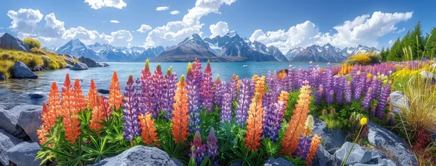 Fotobehang Lupins adorning the shores of Lake Tekapo in New Zealand, their vibrant colors contrasting against the serene blue waters. © lililia