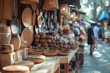 Handcrafted Baskets and Decorations at Local Artisan Market - obrazy, fototapety, plakaty
