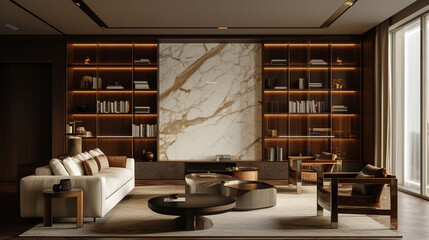 A sophisticated living room featuring a warm-toned marble wall, alongside an elegant, dark mahogany bookcase that scales the ceiling, illuminated by recessed LED lighting.  - obrazy, fototapety, plakaty