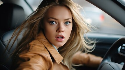 Frightened woman driving car on blurred background with copyspace for text - safety concept