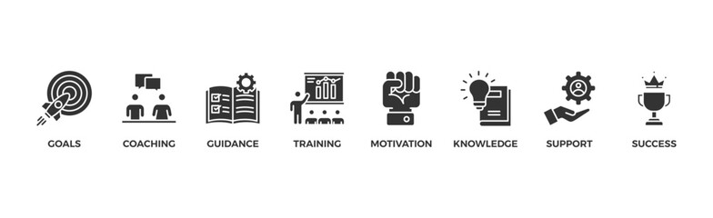 Obraz premium Mentoring banner web icon glyph silhouette with icon of goals, coaching, guidance, training, motivation, knowledge, support, and success 