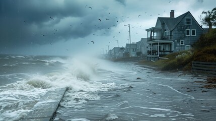 A summer squall hitting a coastal village, with gutters channeling water away from houses. - obrazy, fototapety, plakaty