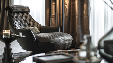 A stylish, monochromatic TV lounge with a patterned dark leather chair and an elegant glass side...