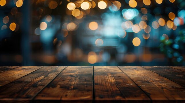 Dark wooden table in front restaurant on blurred bokeh background. AI generated image