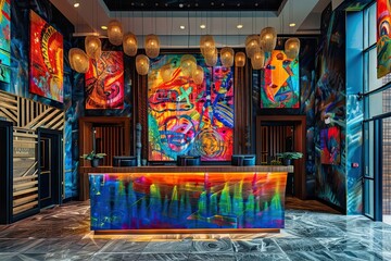 A symphony of colors and textures in the lobby, with a striking reception desk accented by vibrant artworks  - obrazy, fototapety, plakaty