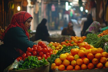 Market Vendor Woman Selling Fresh Vegetables - obrazy, fototapety, plakaty