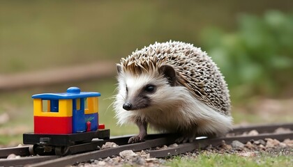 A Hedgehog Playing With A Toy Train Upscaled 16 - obrazy, fototapety, plakaty