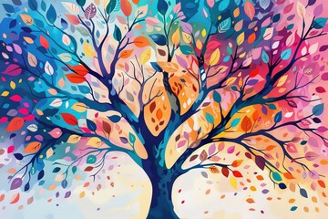 Colorful tree with leaves on hanging branches illustration background 3d abstraction wallpaper