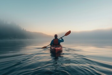 Fototapeta premium Solitary Kayaker on a Misty Lake at Sunrise