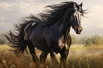 beautiful wild shiny black stallion horse