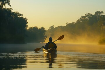 Early morning kayaking, a paddler is surrounded by golden mist on a calm river