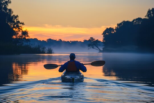 A paddler in a kayak experiences the calm of a river at sunset