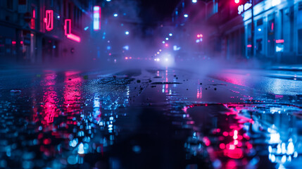 Wet asphalt with reflection of neon lights, spotlight, smoke. Abstract light on a dark street with smoke, smog. Dark background picture of an empty street, night view, night city.