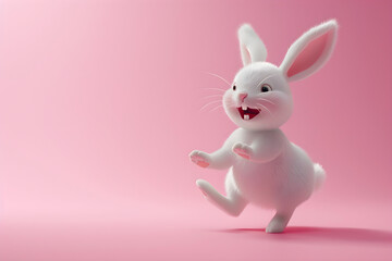 Cute cartoon happy bunny character jumping on pink background, adorable rabbit for easter spring holiday design, 3d render illustration.