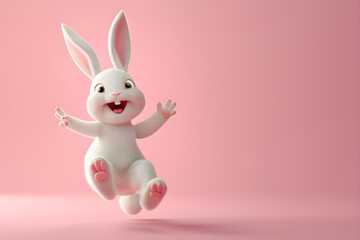 Cute cartoon happy bunny character jumping on pink background, adorable rabbit for Easter spring holiday design, 3d render illustration