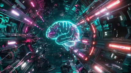 Obraz premium brain and network connection on glitter bright lights colorful background