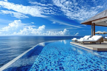 Fototapeta na wymiar A breathtaking view from a luxurious infinity pool overlooking a serene seascape. The blue water of the pool blends with the sky and the sea, and there a relaxing pair of sunbeds