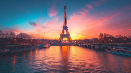 Fototapeta na wymiar A breathtaking sunrise casts warm hues over the Eiffel Tower and the Seine River, capturing the essence of Parisian mornings.