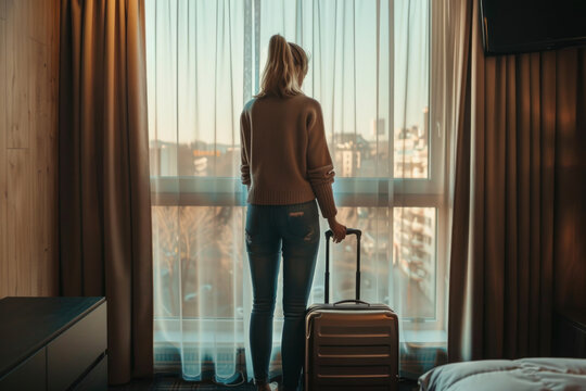 A woman standing by a window in a modern hotel room, suitcase in hand, looking out with an air of anticipation or reflection. This image conveys the concept of travel or vacation