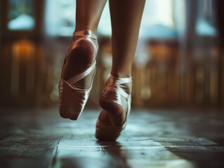 A close-up of a ballerina's feet en pointe, showcasing the elegance and strength required in ballet