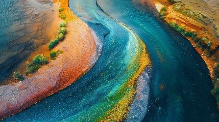 Aerial shot of a winding river with rainbow colors blending seamlessly into a lush green forest.