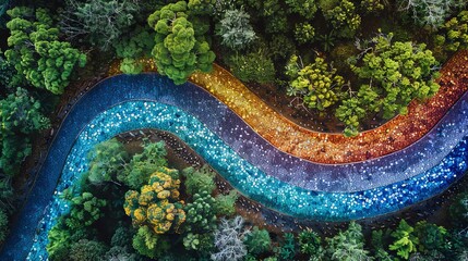 Aerial shot of a winding river with rainbow colors blending seamlessly into a lush green forest.